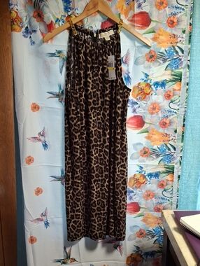 NewMichael Kors Dark Camel and Black Leopard-Print Dress with Gold Chain Straps
